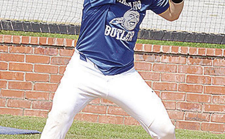 No. 8 Beckett Southall focuses during his at bat in A-B’s game against Elk City. CDN | Sam Goodwyn