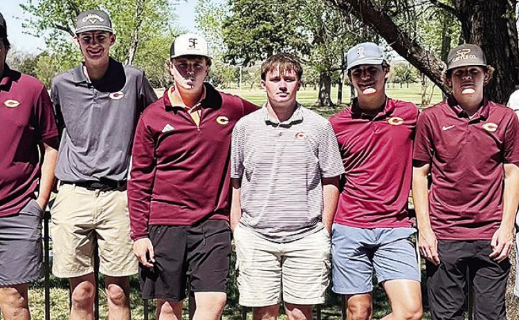 The Clinton Boys’ golf team smiles after competing at the All-Conference Tournament Thursday in Weatherford. Pictured, from left, are Coach Brent Caldwell, Andre Lime, Landyn Kunsman, Bryson Snider, Rayden Walker, Scout Acosta, Sy Foster, Caber Johnson