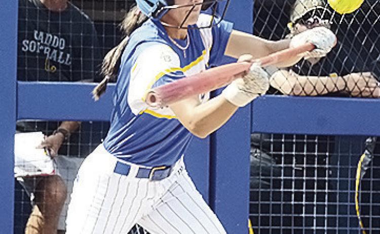 Arapaho-Butler’s Madi Lockhart bunts during the Class A Fast Pitch State Championship against Caddo at Devon Park in Oklahoma City. CDN | Sam Goodwyn