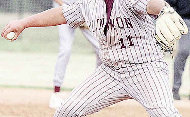 Clinton’s Eli Anderson pitches during the Reds’ home game against the Kingfisher Yellowjackets. CDN | Sam Goodwyn