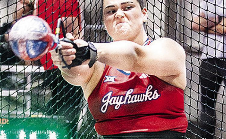 Former Clinton Lady Red Thrower Kat Meacham participates in the hammer throw event for the University of Kansas track and field team this season. CDN | Courtesy photo