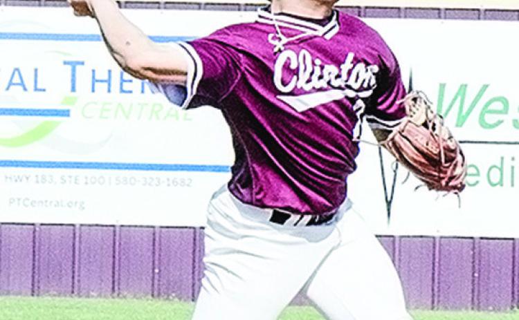 Clinton’s Easten Powell hurls the ball to first for the out during the Reds’ home game Tuesday against Weatherford. CDN | Sam Goodwyn