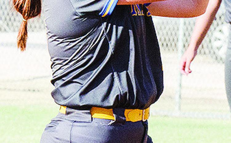 Arapaho-Butler’s Lauryn McHenry secures the ball in her glove for the out during the Lady Indians’ home win over Binger-Oney. CDN | Sam Goodwyn
