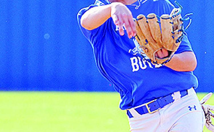 Arapaho-Butler’s Noah Cote hurls the ball toward first for the out during the Indians’ home game Monday against Clinton. CDN | Sam Goodwyn