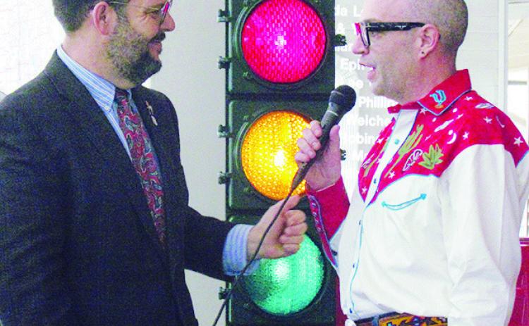 Oklahoma Historical Society Director Chantry Banks, left, introduces the new director for the Oklahoma Route 66 Museum, Cory Cart, Tuesday at the museum. CDN | Christian Jacobsen