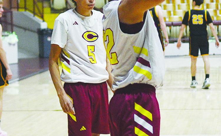 Clinton’s JJ Ruiz shoots the ball during warm-ups prior to the beginning of the second half of the JV game against Canute’s varsity team Tuesday in the Tornado Dome. CDN | Sam Goodwyn