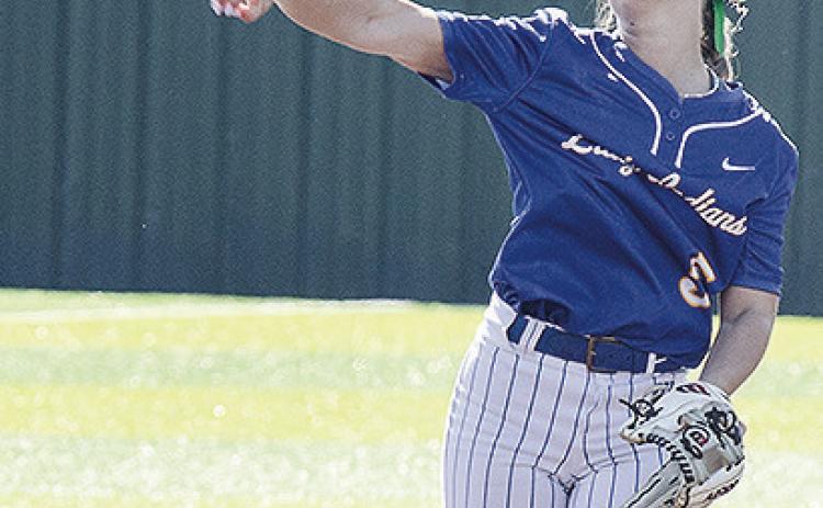 Reagan Shoeppach throws the ball back in during A-B’s win over Okarche to claim the 2026 Class A Fast-Pitch Softball State Championship. CDN | Sam Goodwyn