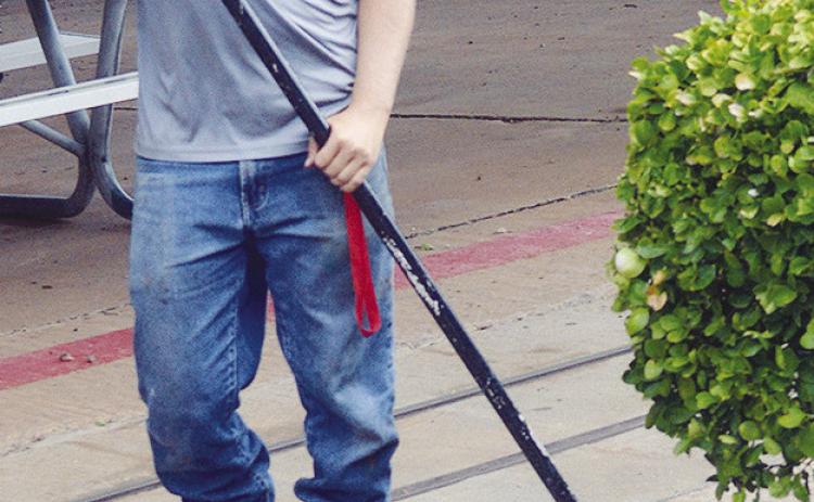 Cody Nelson rakes up and cleans up dropped branches and leaves from the recently trimmed hedges at Acme Brick Park. CDN | Christian Jacobsen