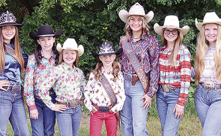 From left, 2024 Princess Max Wright, Princess Contestant Victoria Weil, Peewee Princess Contestant Emma Townsley, 2024 Peewee Princess Vivien Salinas, 2024 Queen McKenna Baker, Queen Contestant Tailee Finnell and Princess Contestant Macie Hall get togethe