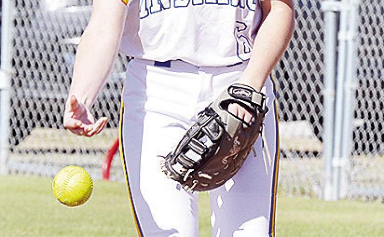 Arapaho-Butler’s Katelyn Garibay throws the ball back to the pitcher during the Lady Indians’ home game against Leedey. CDN | Sam Goodwyn