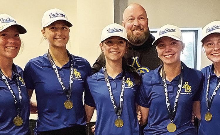 The Arapaho-Butler girls’ golf team finished third in the Class 2A Golf Tournament last week at the Muskogee Golf Club. Pictured, from left, are Brinkley Southall, Keely Baker, Tinley Moore, Coach Jay Edelen, Elisa Vels and Malley Baker. CDN | Courtesy photo