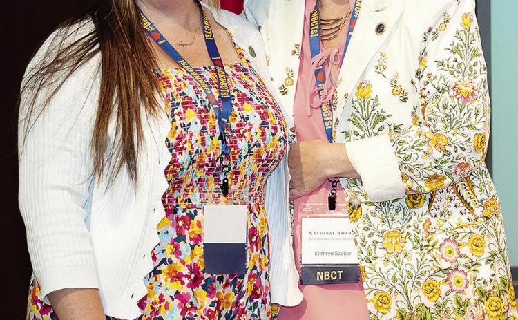 Clinton Public Schools Band Director Summer Morgan, left, was honored by Katheryn Szallar at a pinning ceremony at the National Board Summit at the Oklahoma History Center in Oklahoma City. CDN | Courtesy photo