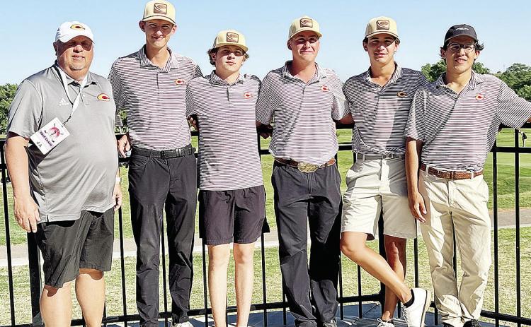 The Clinton boys’ golf team smiles after competing at the Class 4A Regional Tournament Monday in Elk City. Pictured, from left, are Coach Brent Caldwell, Landyn Kunsman, Sy Foster, Caber Johnson, Scout Acosta and Sutton Hernandez. CDN | Courtesy photo
