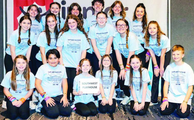Taking part in the trip to Sacramento, Calif., was this group of young performers from Southwest Playhouse. Pictured front, from left, are Tinley Chase, Christian Hensley, Maddie Basler, Ainsley House, Izzy Taylor, Jude Hemmingway; middle, Mayzie Sadler,