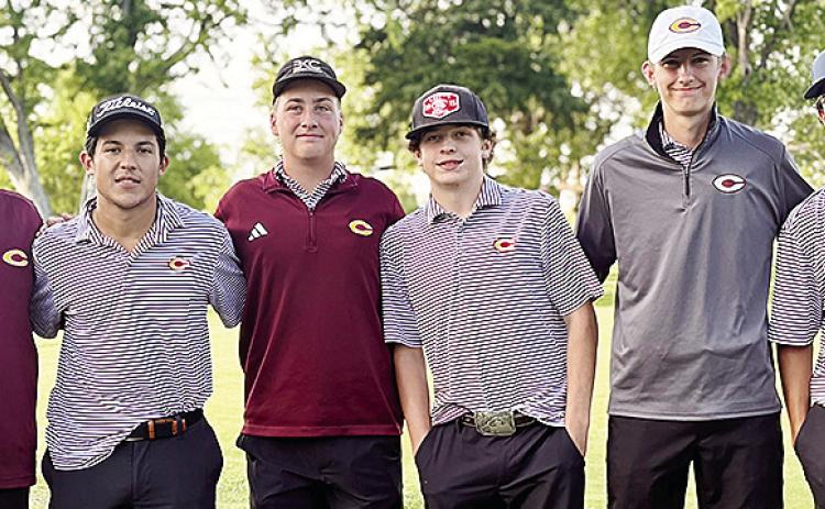 The Clinton Red Tornadoes boys’ golf team are all smiles after finishing the Class 4A Regional Tournament over in Weatherford Monday. Pictured, from left, are Coach Brent Caldwell, Sutton Hernandez, Caber Johnson, Sy Foster, Landyn Kunsman and Scout Aco