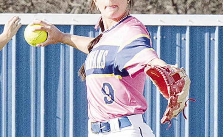 Arapaho-Butler’s Madi Lockhart throws the ball back to the pitcher during the Lady Indians’ win over Seiling. CDN | Sam Goodwyn