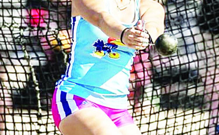 Former Clinton thrower Kat Meacham performs in the hammer throw event during a meet for KU this year. CDN | Courtesy Photo