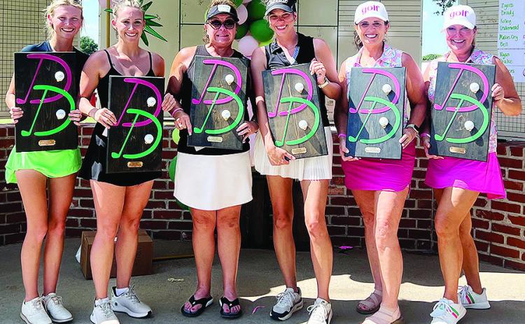 The Clinton branch of the Women’s Golf Association held its first all-women’s tournament at Riverside Golf Course last month. Pictured, from left, are Birdie and Megan Brown of Cordell, who won the Championship Flight; Andrea Wiseman and Kasey Filyaw of Elk City, who won the C Flight; and Donna Frost and Cathy Lawrence of Moore, who won the B Flight. CDN | Courtesy photo