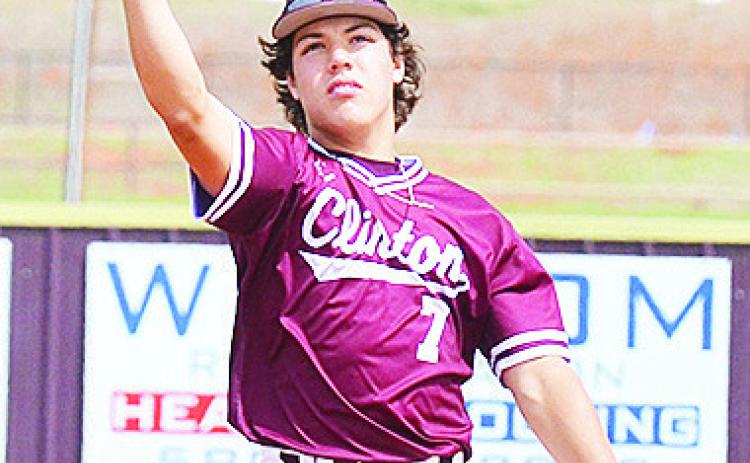 No. 7 Easten Powell throws the ball back to the pitcher during Clinton’s game against Bethany. CDN | Sam Goodwyn