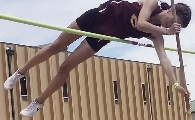 Clinton’s Gabby Hoffman vaults herself over the railing during the pole vault competition in the Class 4A State Track and Field Championship Meet this weekend in Catoosa. CDN | Courtesy photo