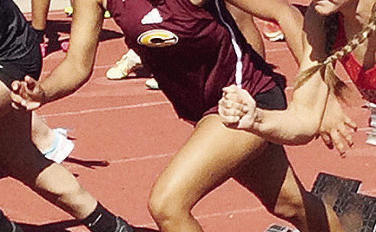 Clinton’s Savannah Flores takes off in the 100-meter race during the season-opening meet at Edmond North. CDN | Courtesy photo