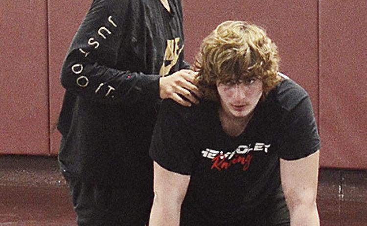 Clinton’s senior wrestler Larynz Spottedwolf, left, and Kolton Fuller prepare to wrestle during a recent practice. CDN | Sam Goodwyn