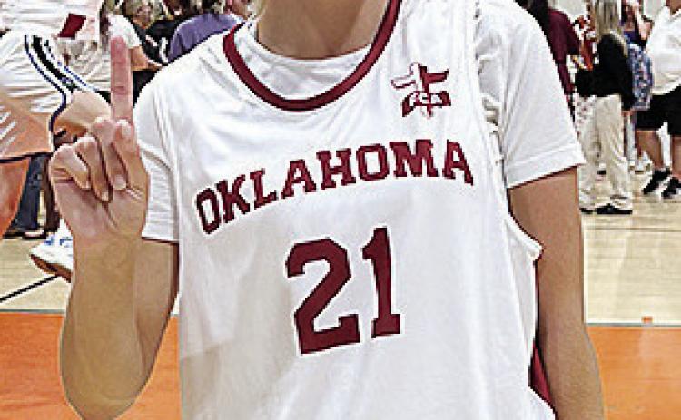 Corn Bible Academy’s Gretta Geisler shows how happy she is after competiting in the basketball game part of the Battle of the Border between Oklahoma and Texas in Burkburnett, Texas CDN | Courtesy photo