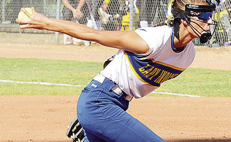 Arapaho-Butler’s Piper Sawatzky goes into her pitching motion during the Lady Indians’ first-round matchup against Shattuck in the Class A Fast Pitch State Tournament Thursday at Devon Park in Oklahoma City. CDN | Sam Goodwyn