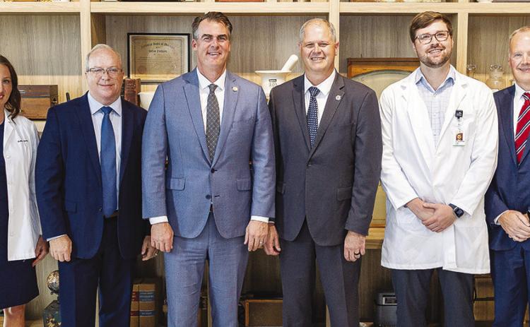 Pictured from left are, Dr. Kalie Kerth, SWOSU Rural Health Center director; Commissioner of Health Keith Reed; Governor Kevin Stitt; Dr. Joel Kendall, SWOSU president; Dr. Jacob Swords, Weatherford Regional Hospital surgeon; Darin Farrell, Weatherford Regional Hospital CEO. CDN | Courtesy photo