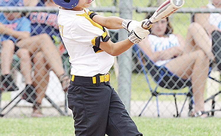 Anderson McCamey of the Alva Gold Sox sends the ball flying during his at bat against the Sallisaw Cubs Thursday to open the 2025 OK Kids 8U Baseball State Tournament at Schumacher Fields at Acme Brick Park. CDN | Sam Goodwyn