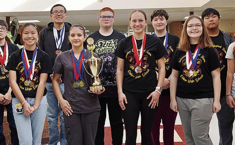 The Clinton High School Science Olympiad team recently won a regional title and will compete Saturday at the University of Central Oklahoma for the state tournament. Pictured front, from left, are Victoria Nemtan, Jolina Zhao, Idalia Pelayo, Paisley Ruyle