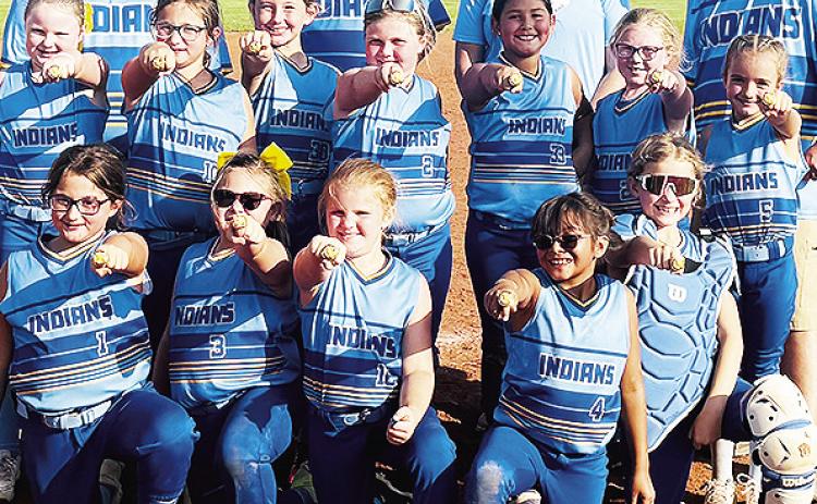 The Arapaho-Butler 8U softball team smiles as the players show off their rings from the Weatherford 8U Softball Tournament. The team finished as the fall end of season champs with a 9-1-1 record. Pictured, from left, kneeling are Ella Thomas, Paisley McAm