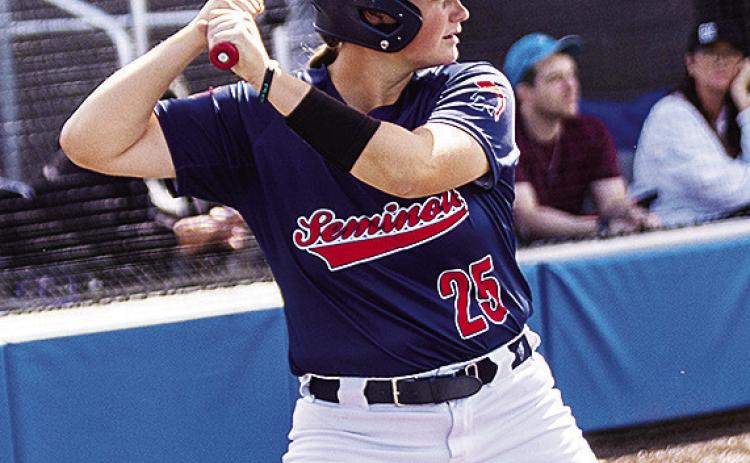Former Clinton softball player, Kenzie Kauk, focuses on the pitcher during an at bat in a game for Seminole State this year. CDN | Courtesy Photo