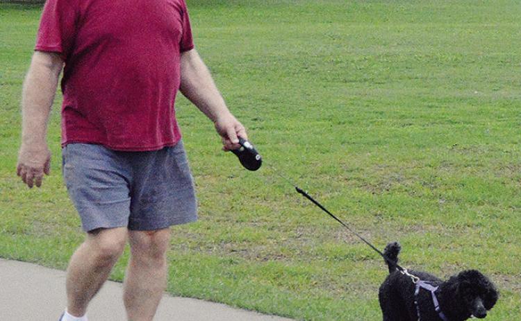 Ricky Copenhaver walks his dog Hershey Thursday morning on S. 28th Street near Acme Brick Park. Copenhaver says they do this walk every morning, but had to take a break yesterday due to the rain. CDN | Christian Jacobsen