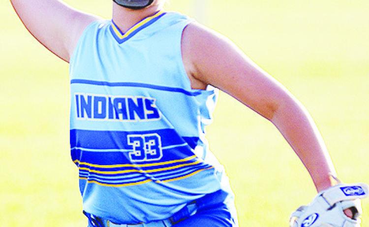 Arapaho-Butler’s Evelyn Castorena throws the ball in during AB’s win over Lindsay in the OK Kids 8U Softball State Tournament Wednesday night at Schumacher Fields at Acme Brick Park. CDN | Sam Goodwyn