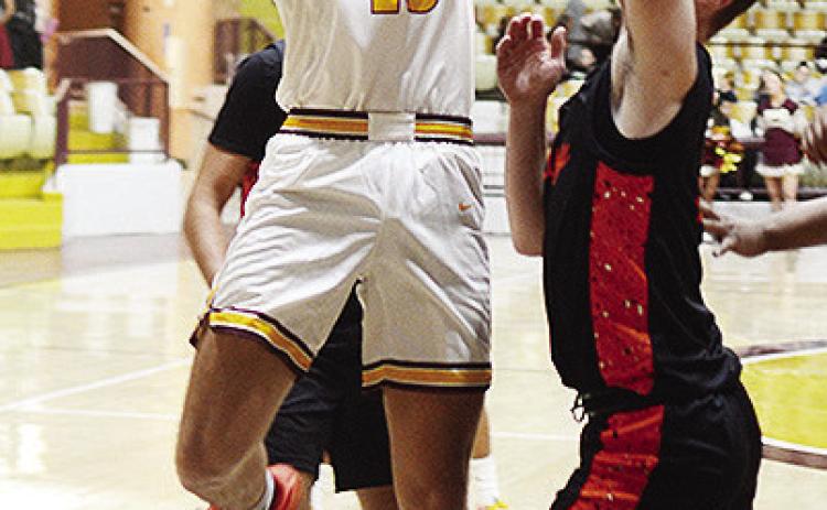 No.13 Ethan Lofland goes against a Lindsay defender as he attempts to take the ball to the basket during Clinton’s home game against the Leopards. CDN | Sam Goodwyn