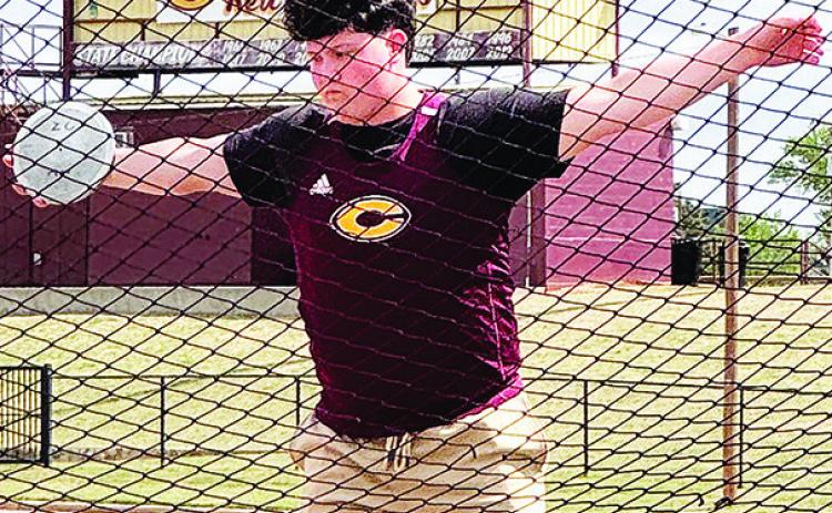 Clinton’s Layne Spitz competes in the discus event during the Kay Crenshaw Invitational Track Meet Saturday at the high school. CDN | Courtesy photo